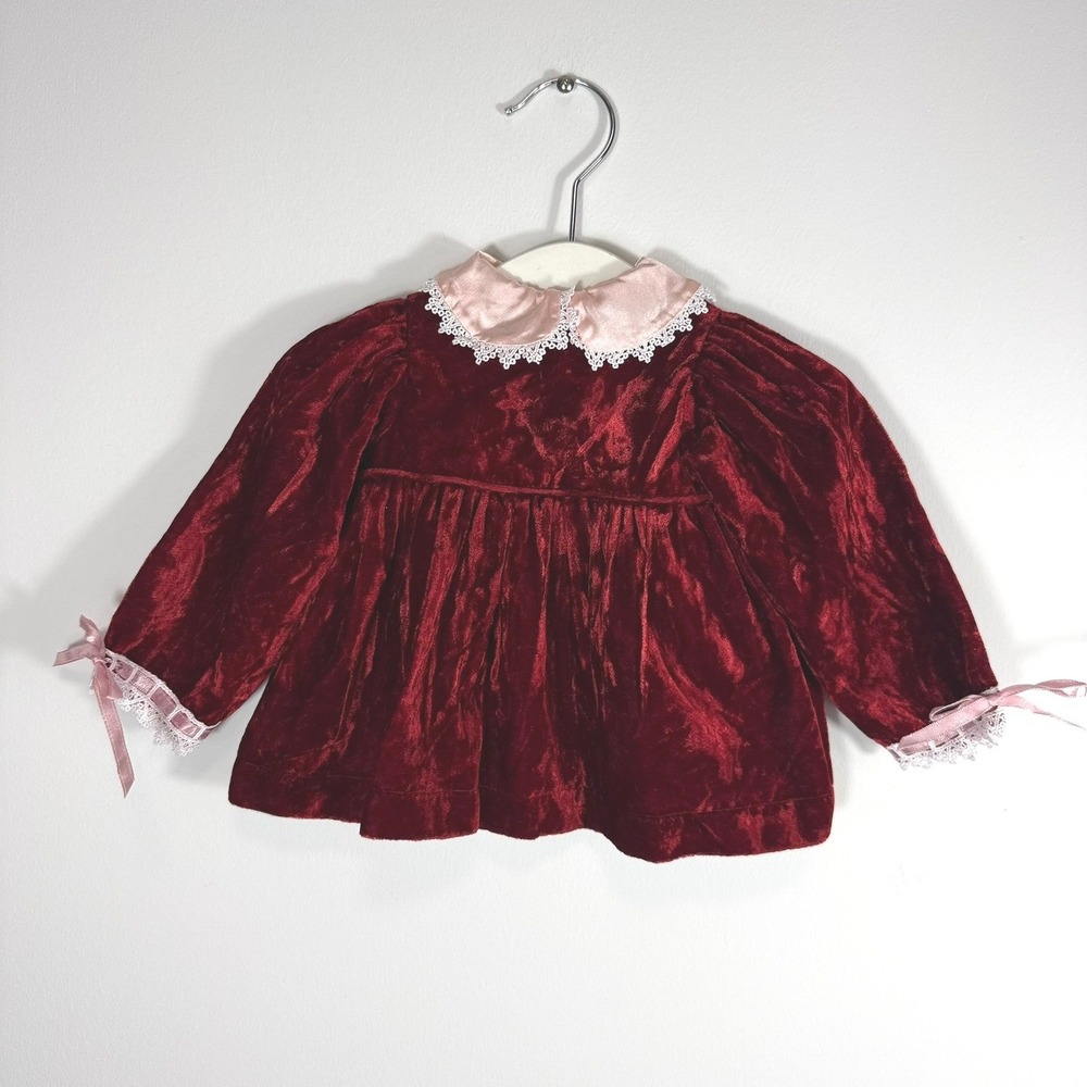 Vintage Burgundy Crushed Velvet Baby Dress Pink Satin Lace Collar Holiday 6-9M